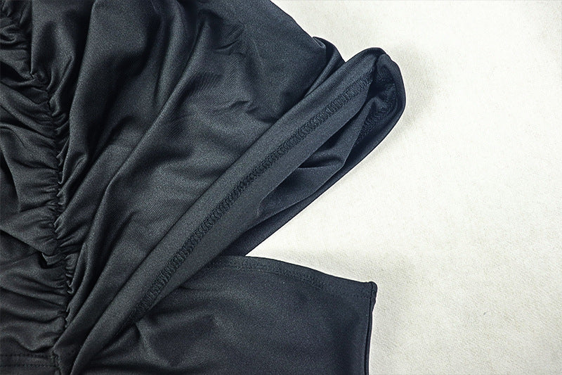 Elegant Women's Pleated Solid Color Bodycon Slim High Neck Short-Sleeve Long Dress 16