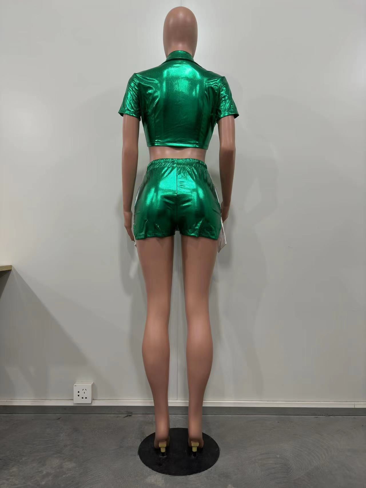 Women's Deep Pocket Slit Pu Leather Short Front Short Back Long Shorts Two-Piece Set 42