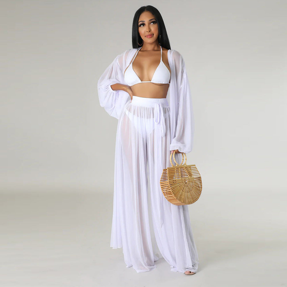 Fashion Ladies Solid Color Bat Sleeves Sexy See-Through Long Sleeve Pant Set 7