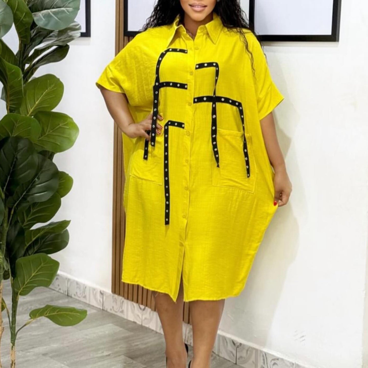 Women Short Sleeve Turndown Collar Shirt Dress 3