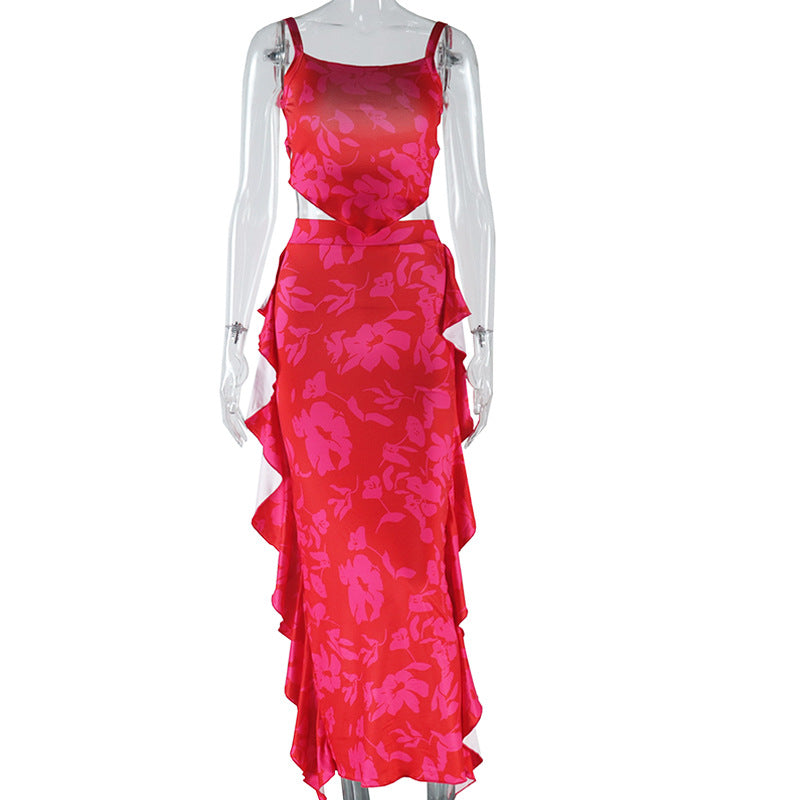 Women Sexy Printed Suspender Backless Strappy Top and Skirt Two-piece Set 11