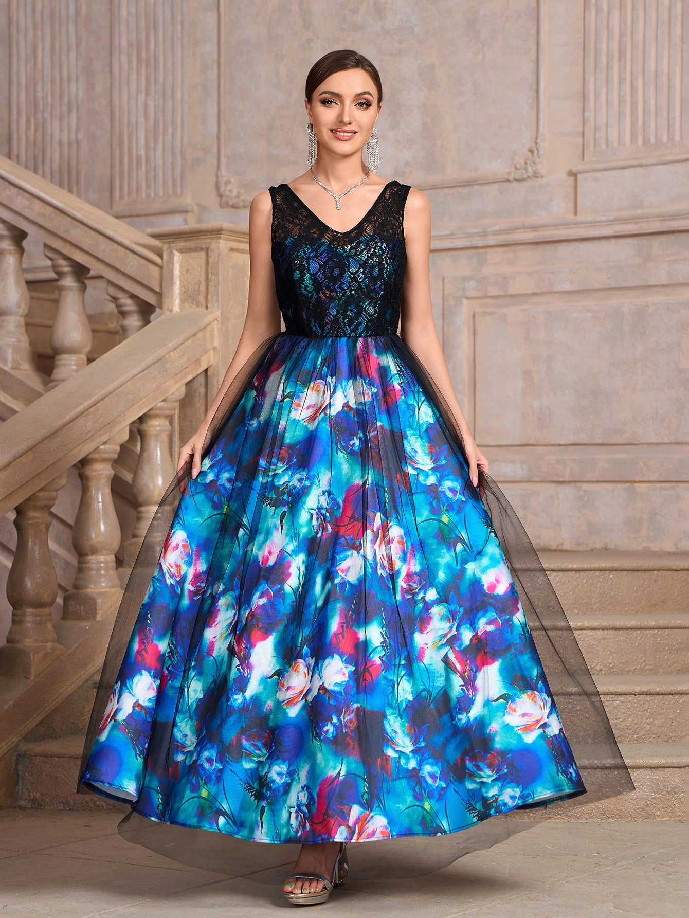 Women blue sleeveless v-neck printed black mesh patchwork flower print dress 5