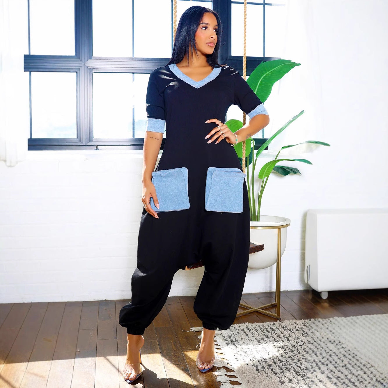 Women Casual Career V-Neck Patchwork Contrast Stretchy Denim Jumpsuit 7