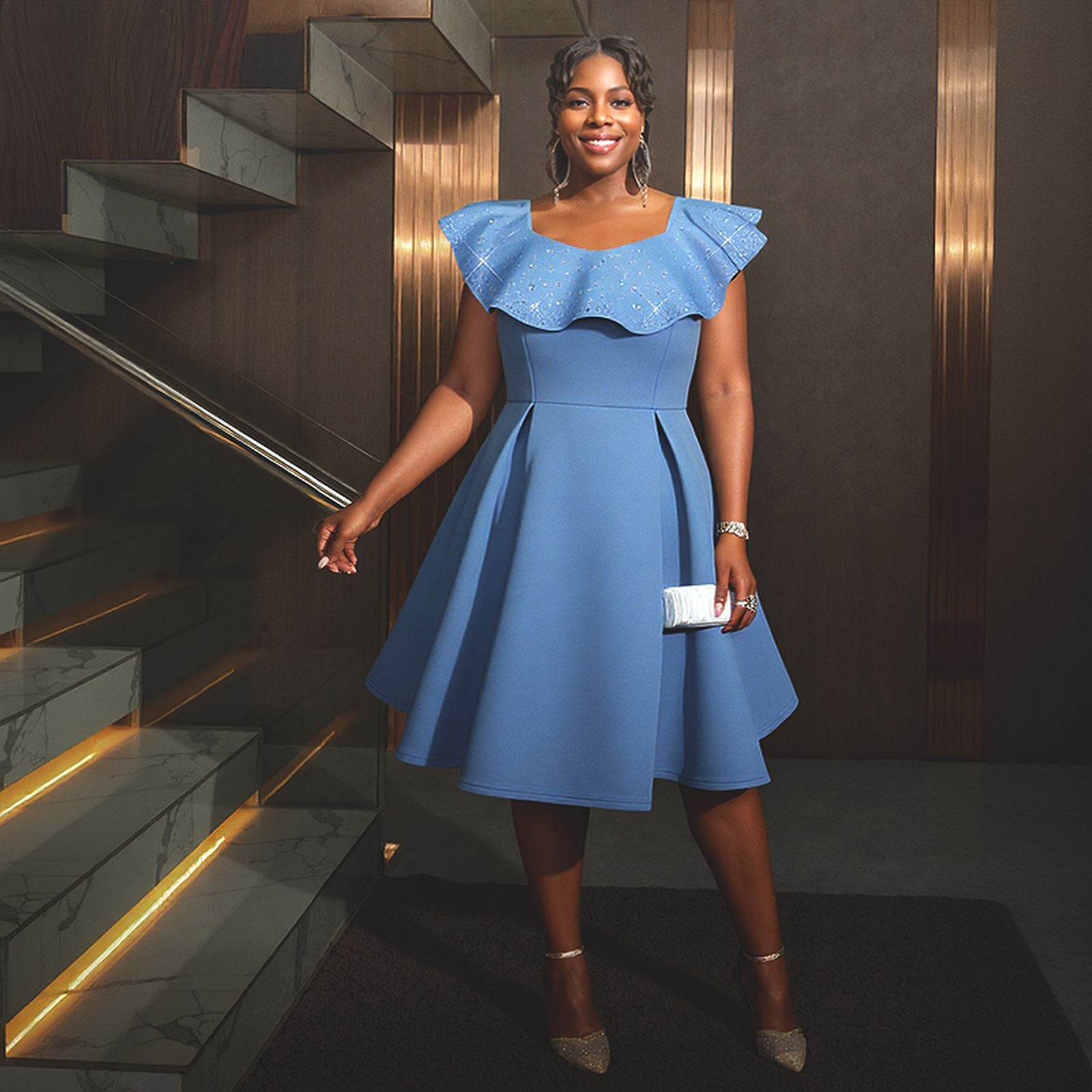 Plus Size Beaded Ruffle Slim Waist A Line Party Dress