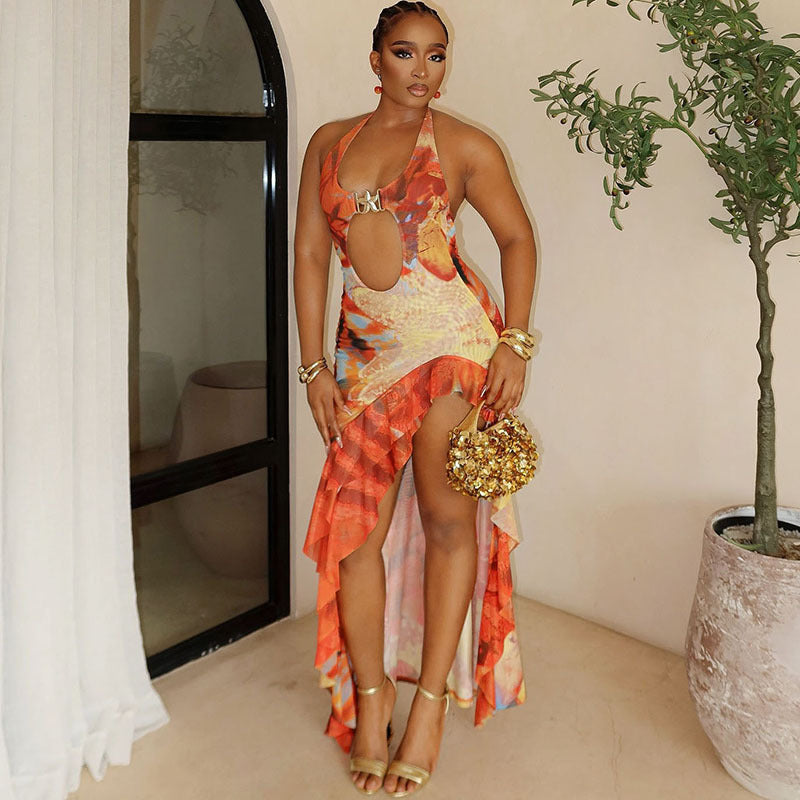 Women Spring Summer Sexy Halter Neck Backless Contrast Color Ruffle Dress 3