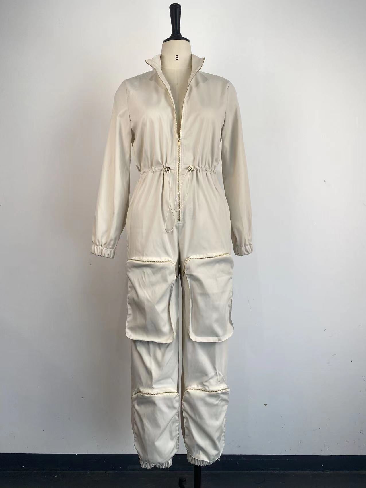Women'S Slim Waist Metal Zipper Long Sleeve Casual Cargo Jumpsuit 11