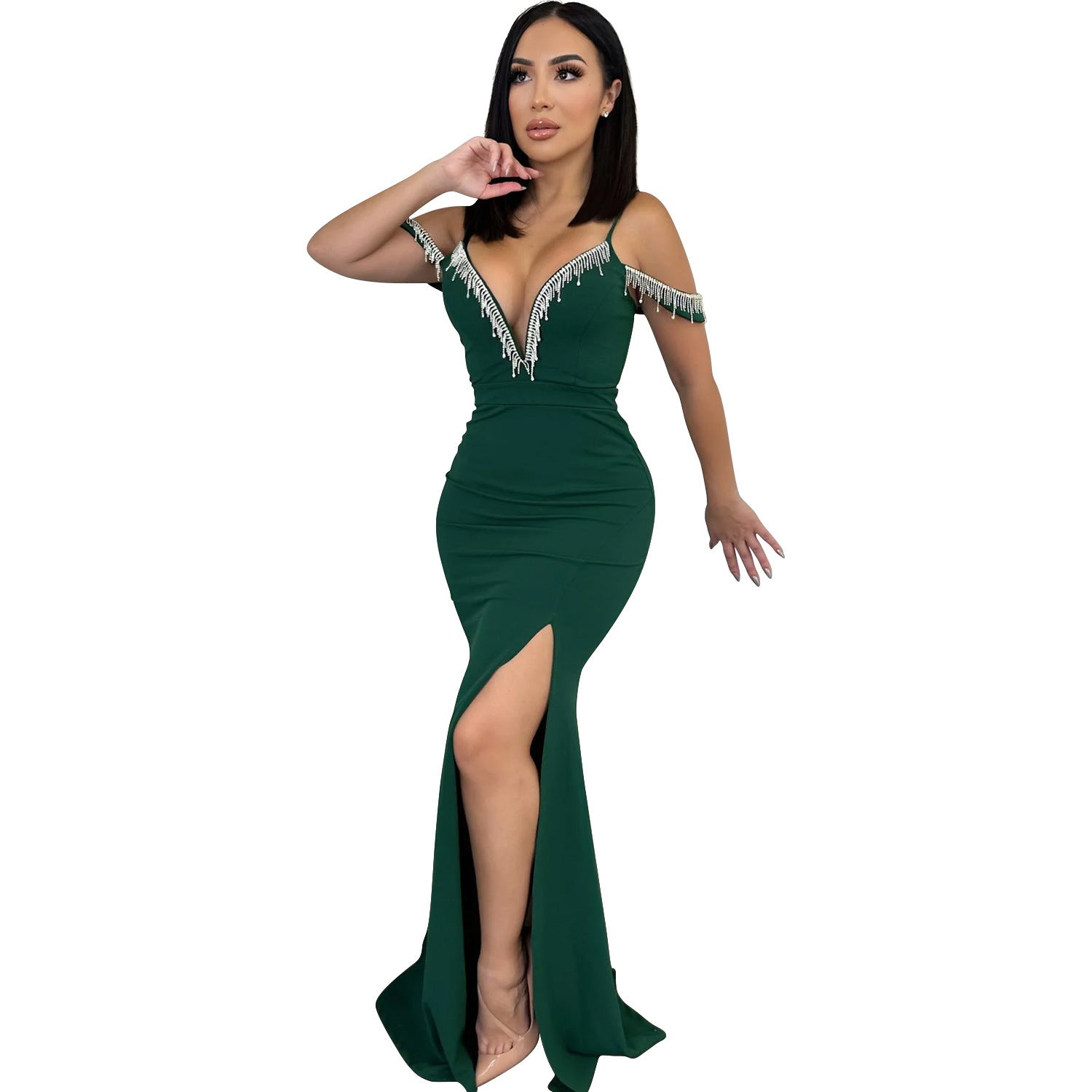 Fashion Women's Solid Color Tassel Suspender Long Dress 10