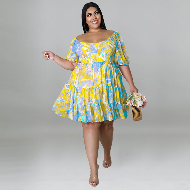 Plus Size Women's Summer Sexy Off Shoulder Print Loose Casual Dress 5