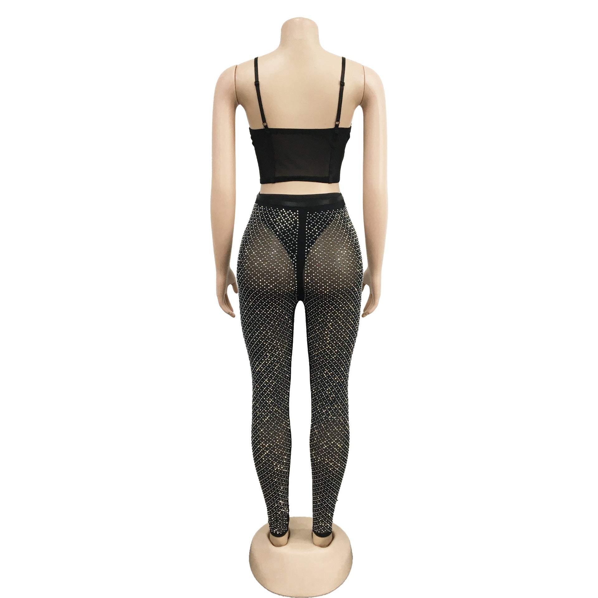 women's solid mesh Beaded suspender pants two-piece set 11