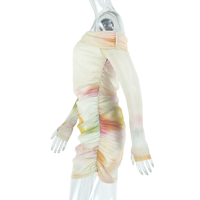 Women Printed Casual Pleated Bodycon Off Shoulder Strapless Dress 6