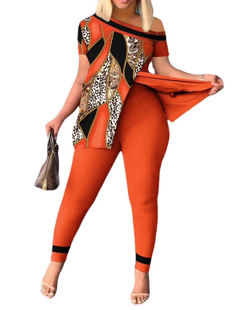Women Summer Casual Slit Slash Shoulder Print Top and Pant Two-Piece Set 10