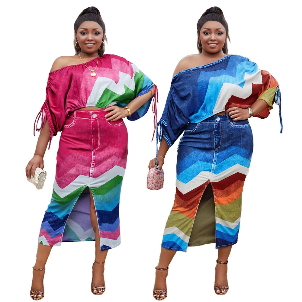 Plus Size Off Shoulder Printed Bat Sleeves Top Split Long Skirt Two Piece Set 9