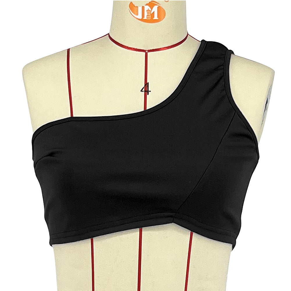 Women's Summer Solid Color One Shoulder Sexy Casual Sport Shorts Set 15