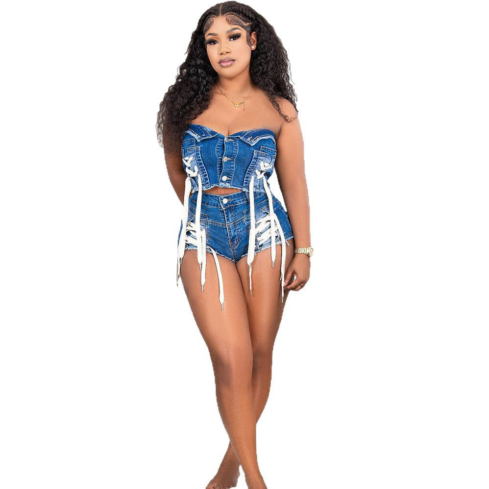 Women's Lace-Up Strapless Top & High-Waist Shorts Denim Set 5
