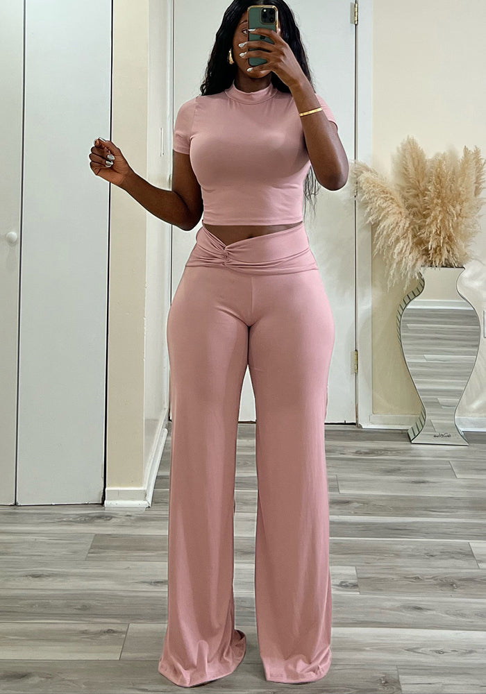 Women Summer Solid Stretch Knot Top and Wide Leg Pants Two-Piece Set