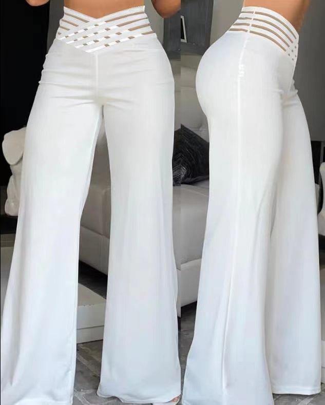 Women Cutout Belt High Waist Casual Wide Leg Pants 12