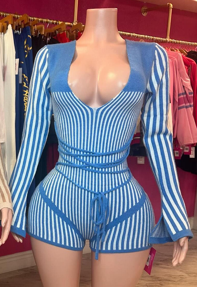 Women Sexy V-Neck Striped Knitting Contrast Romper 3
