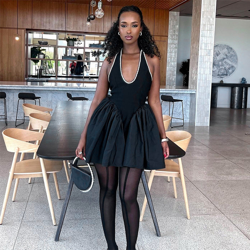 Women Rhinestone U-neck Sexy Halter Neck Dress 3