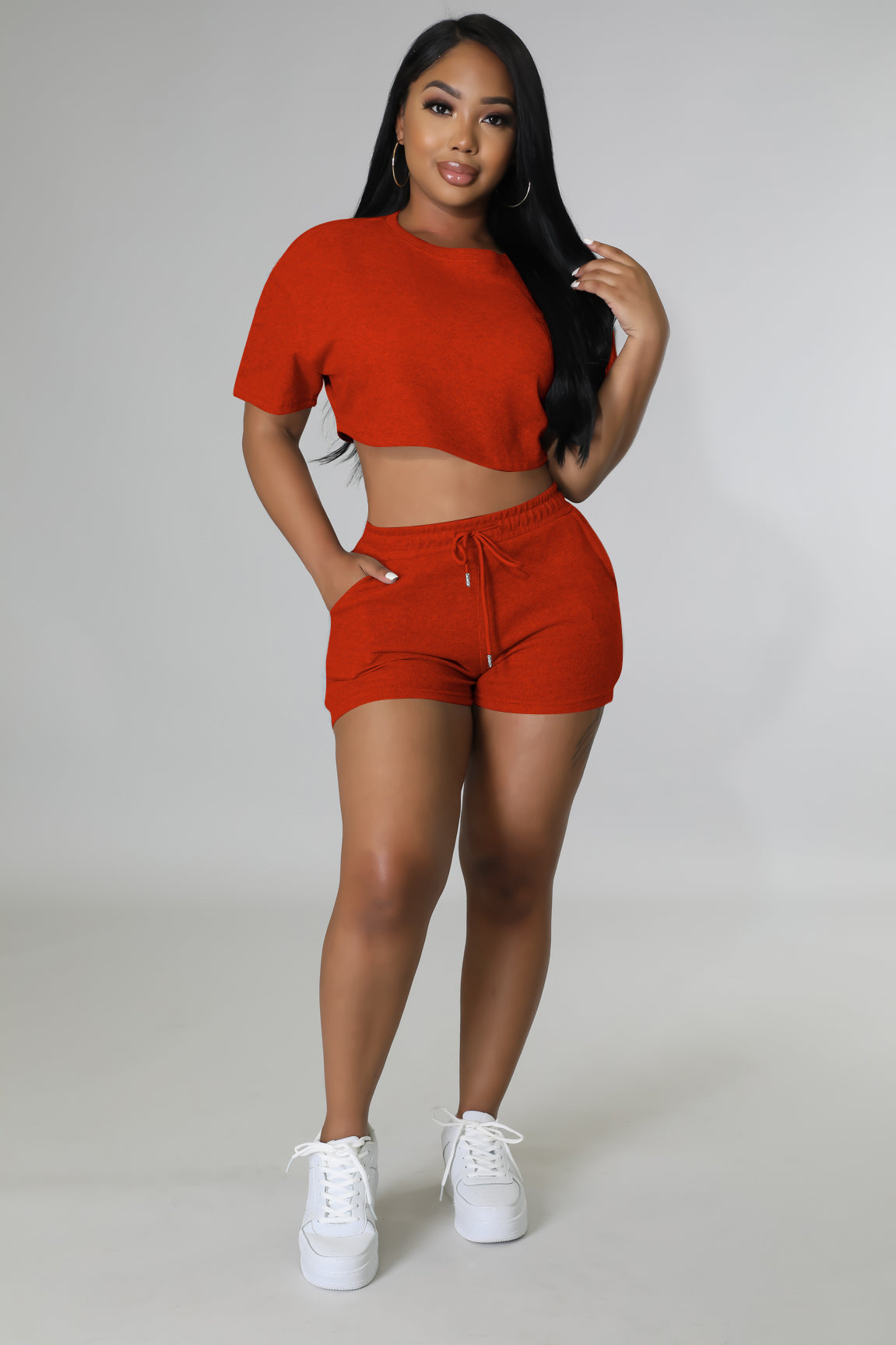 Women sports Casual Solid Crop Top and Shorts two-piece set 9