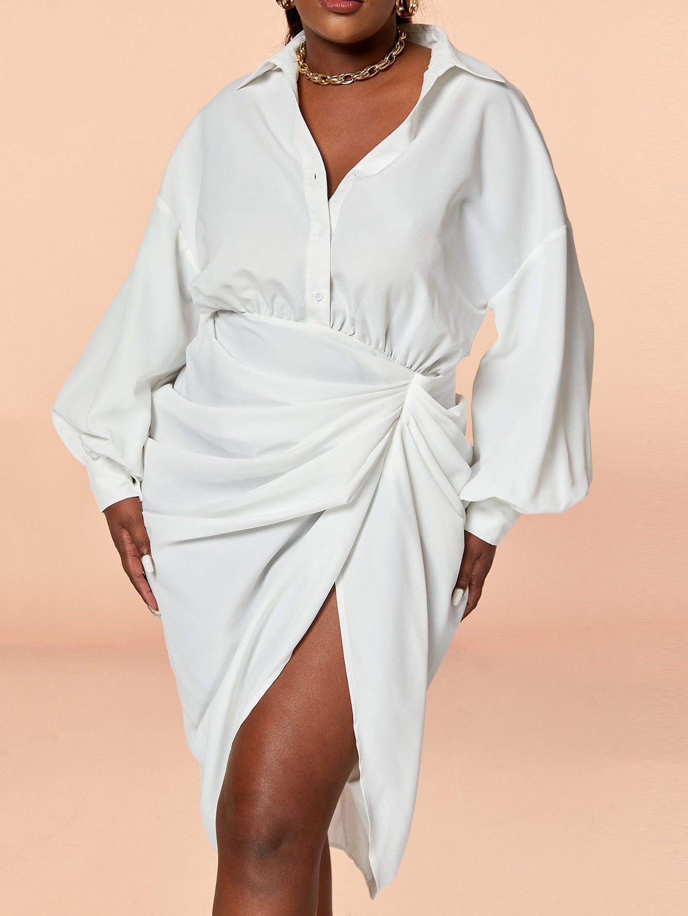 Plus Size Women White Lace-Up Irregular design pleated shirt long-sleeved dress 5