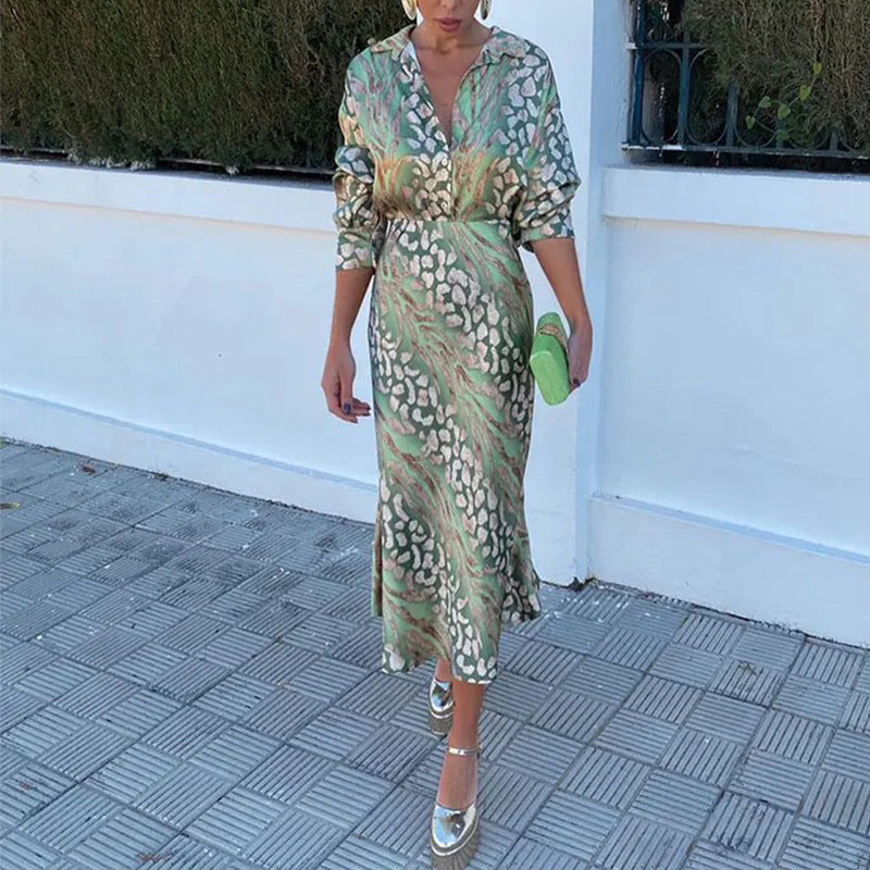 Autumn women's elegant print Turndown Collar long-sleeved shirt high waist skirt fashion two piece set 3