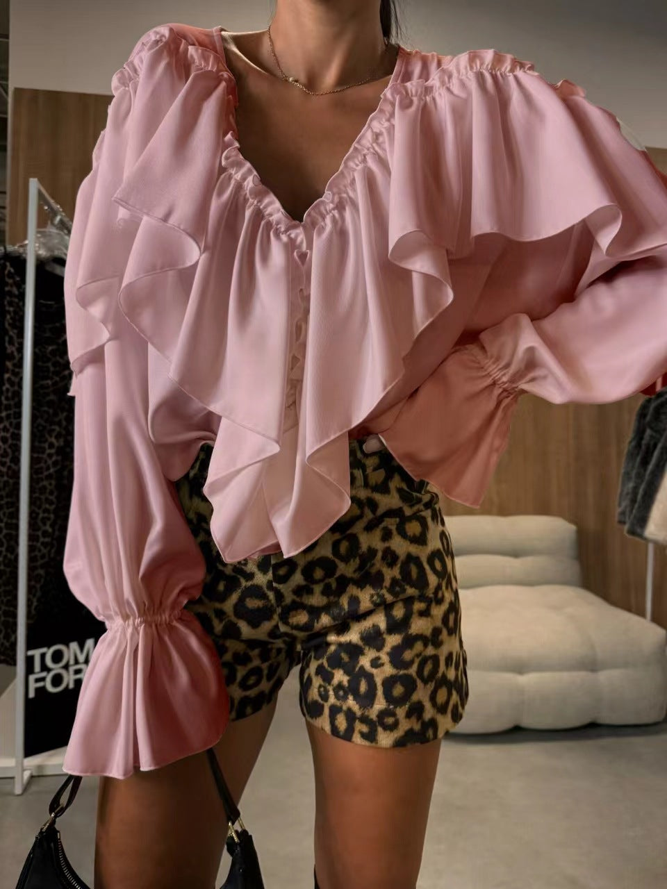 Women Fall/Winter V-neck Long-sleeved Solid Shirt 10