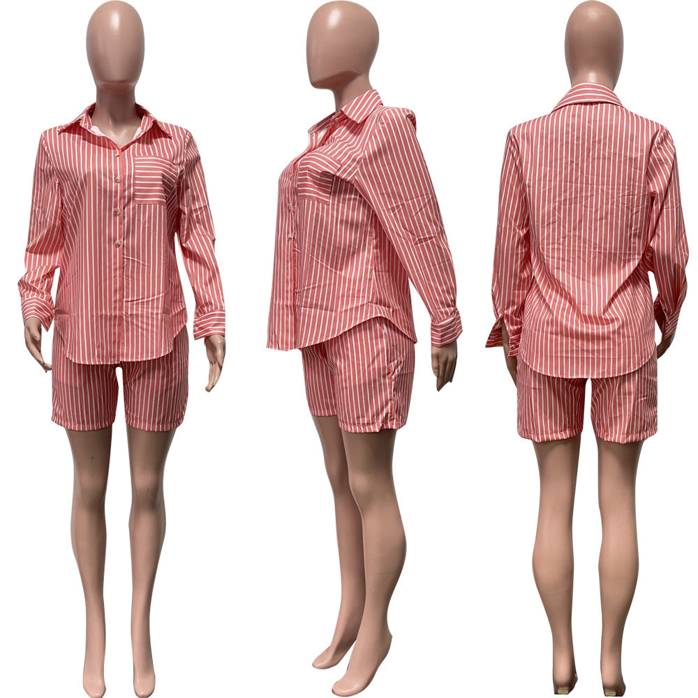 Women's Fashion Casual Stripe Patch Pocket Summer Shirt Shorts Two-Piece Set 17