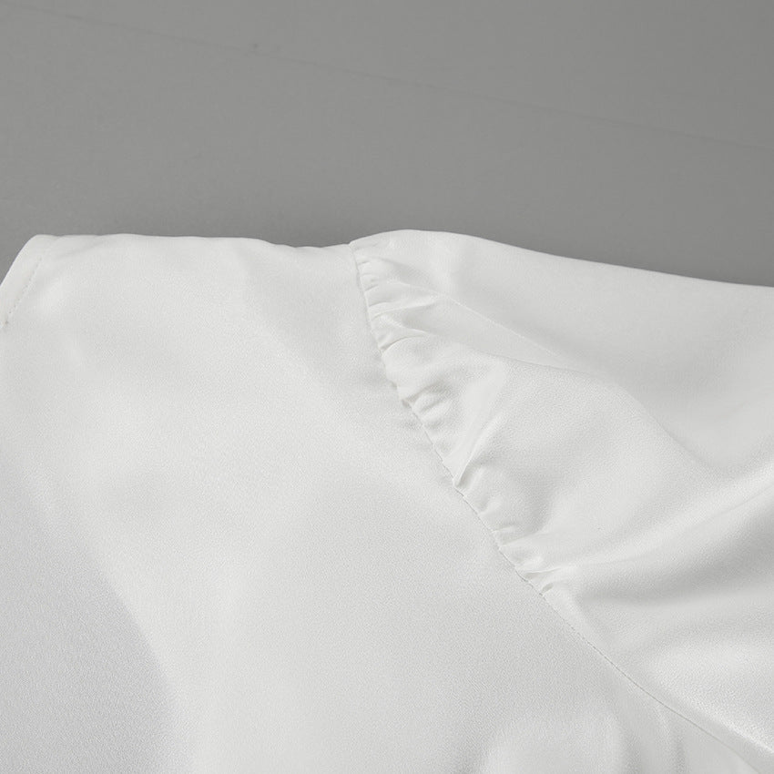 Women shiny satin long-sleeved v-neck crop shirt 14