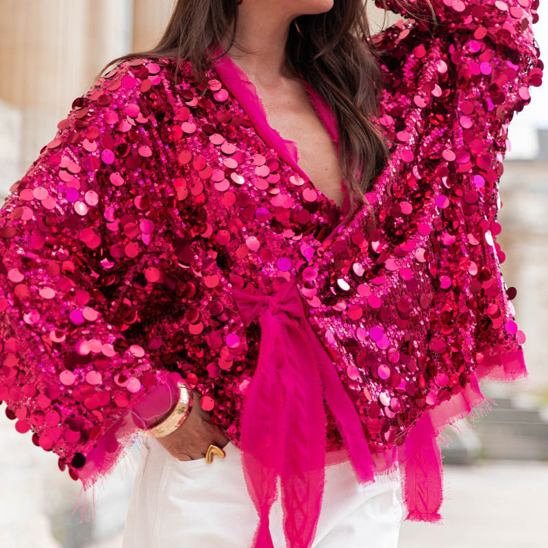 Fashion Casual Loose Solid Color Spangle Lace-Up Outerwear 4