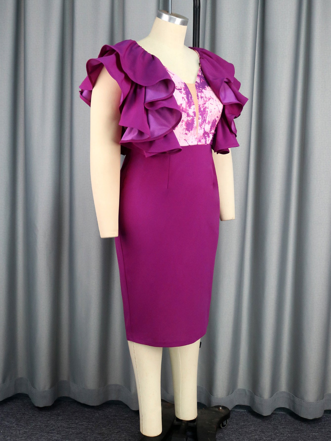 Ruffle See-Through Mesh Deep V Neck Bodycon Elegant Formal Party Dress 5