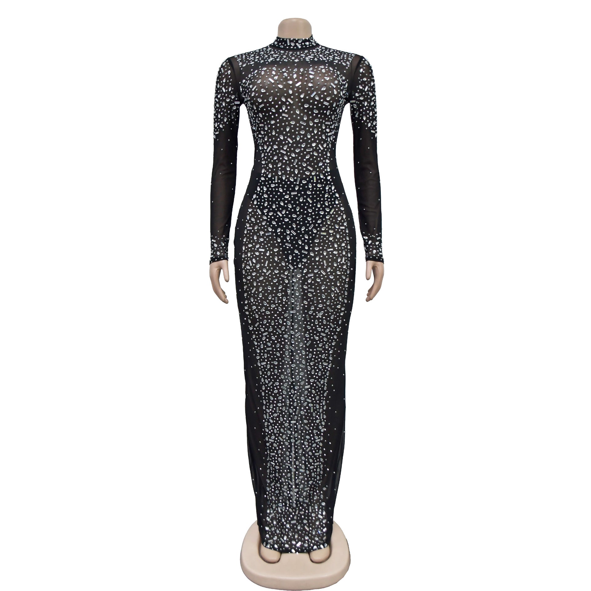 Women Solid mesh Beaded long sleeve dress 25