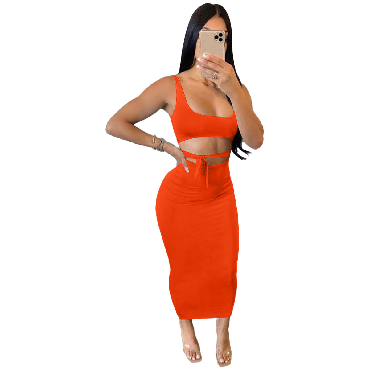 Women's Spring Summer Solid Color Strap Slim Two Piece Skirt Set 9