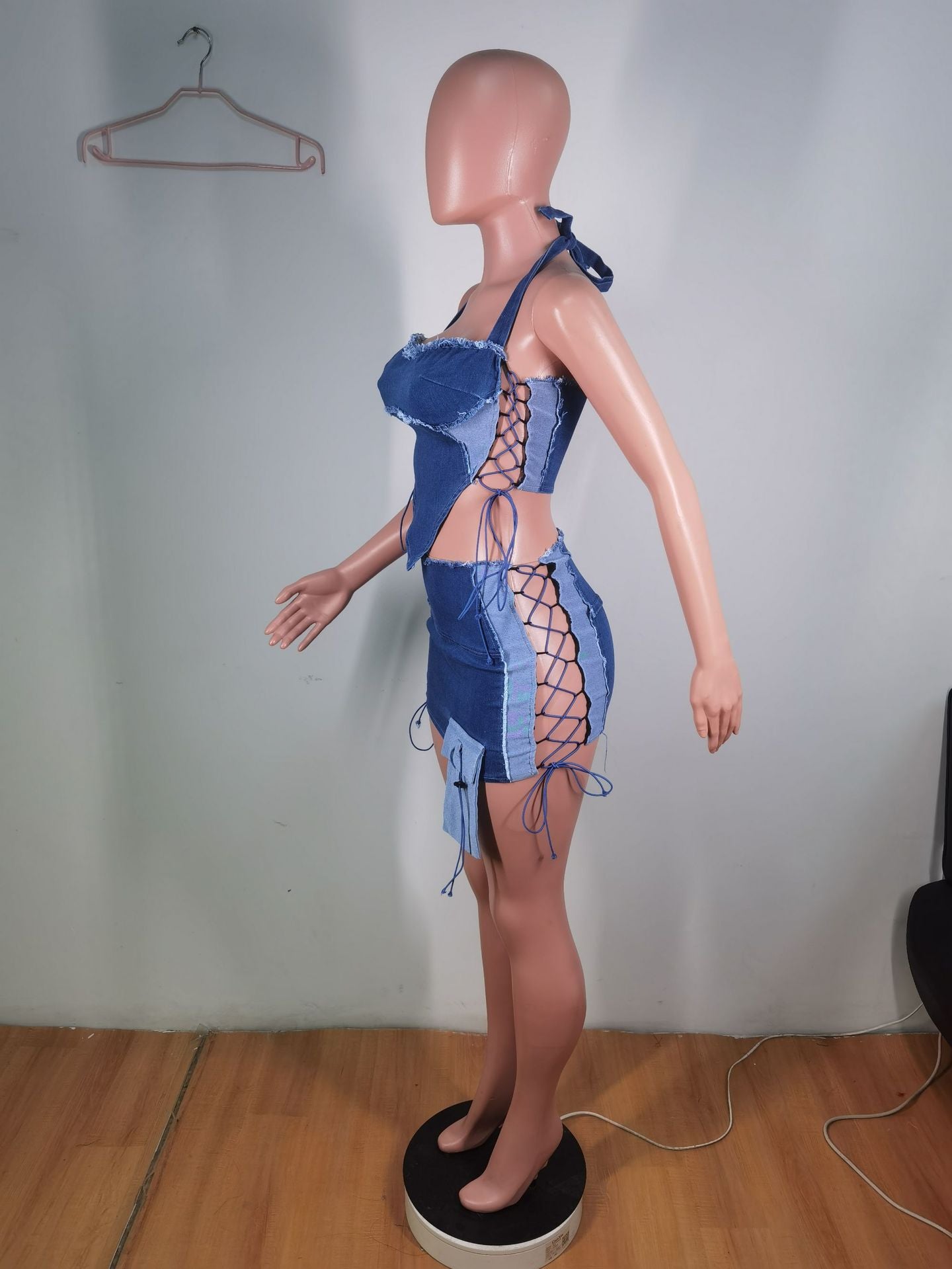 Women Chest Wrap Halter Neck Pocket Denim Two-piece Set 10