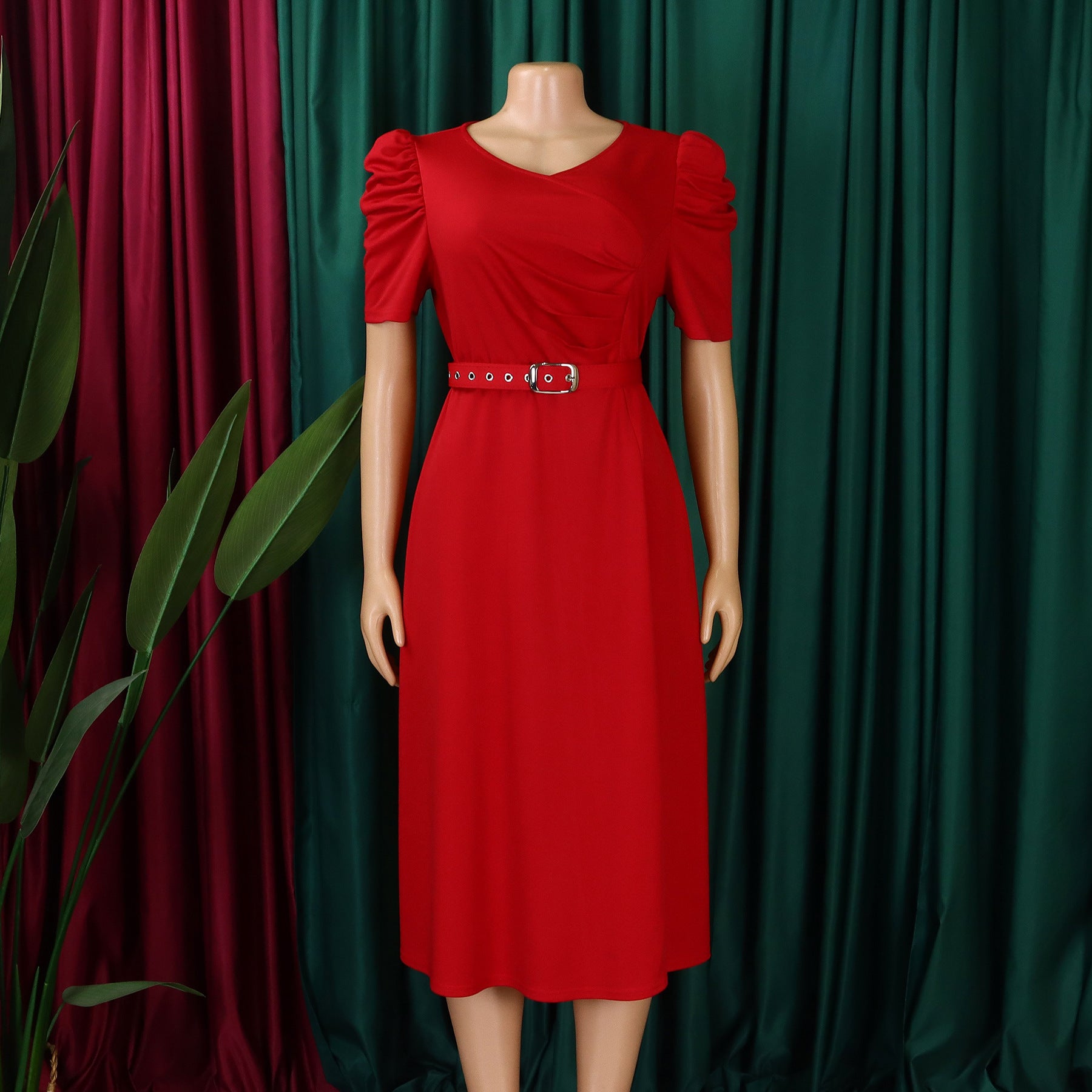 Women's Fashion Pleated Chic Elegant V-neck A-line African Dress 6