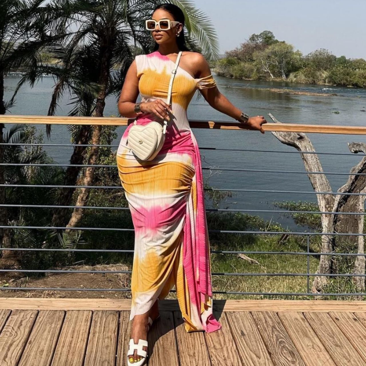 Slash Shoulder Tight Fitting Dress Printed Maxi Bodycon Women Dress