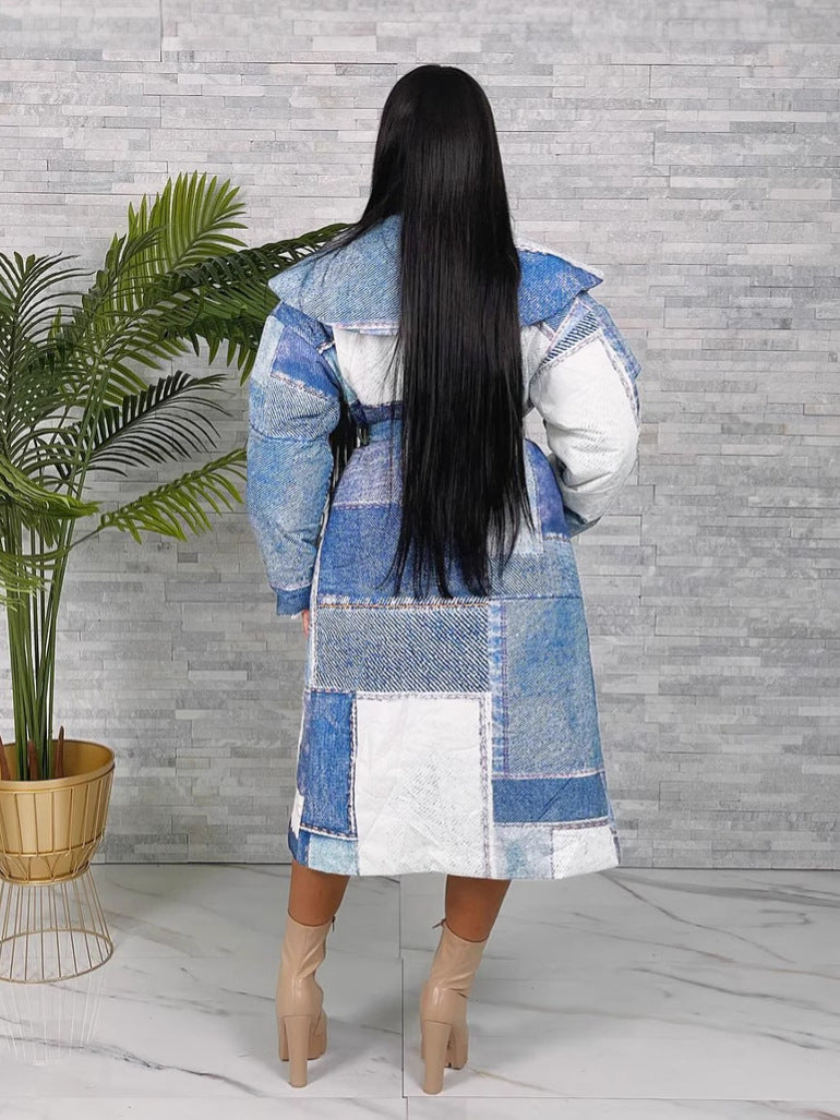 Women Denim patch print Turndown Collar lace-up jacket 5