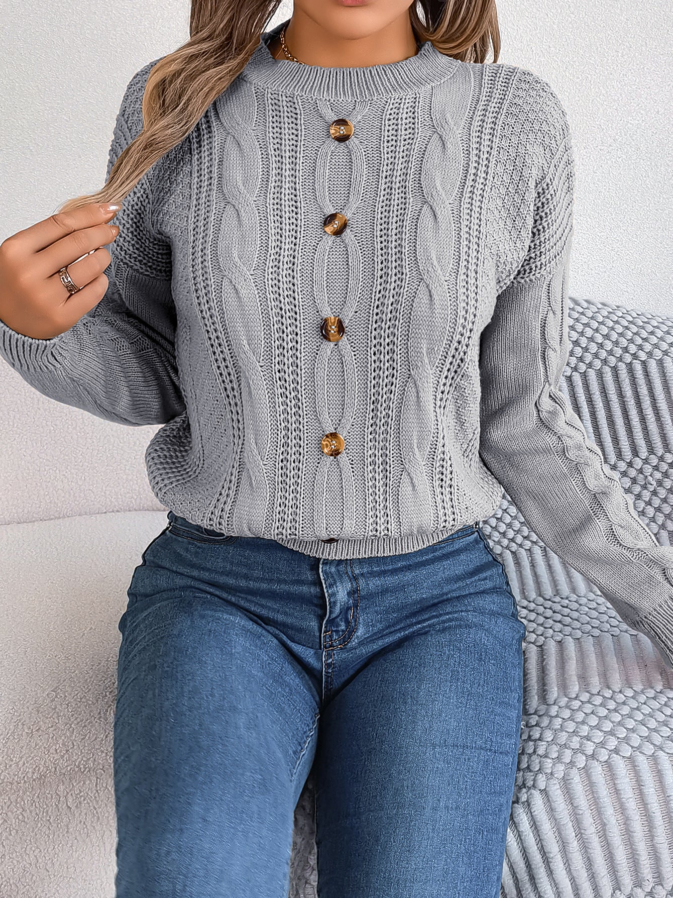 Women Casual Solid Button Long Sleeve Sweater 9