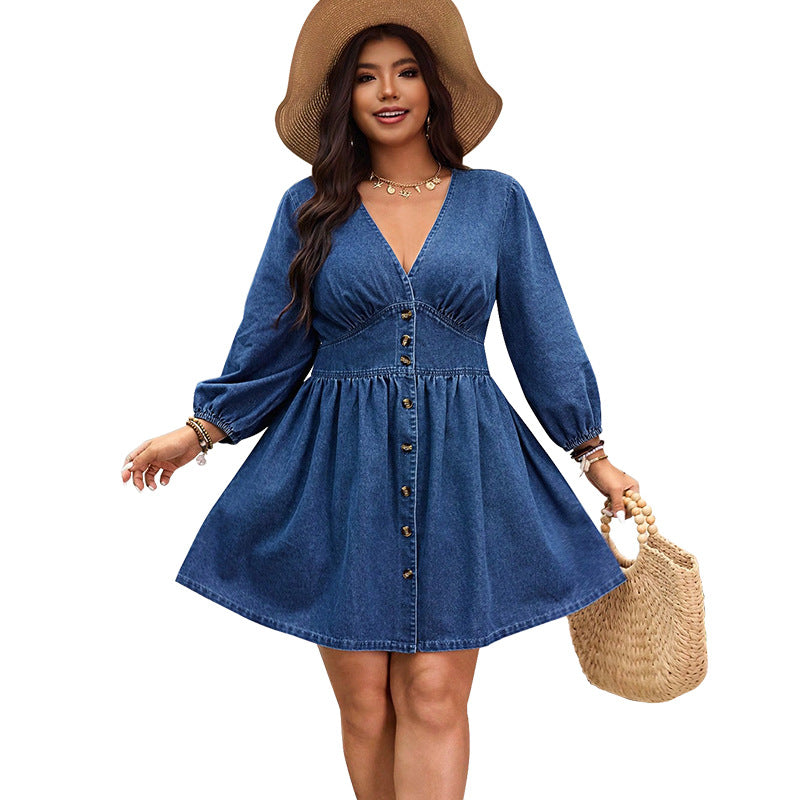 Plus-Size Women Denim V-Neck Maxi Dress 5