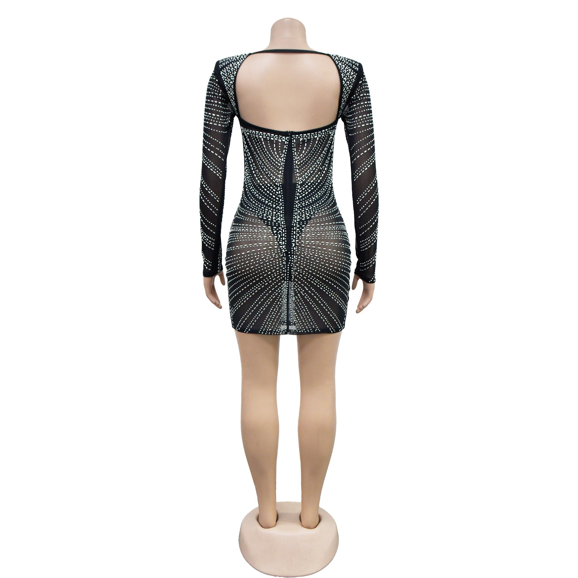 Fashion Women's Solid Color Mesh Beaded Long Sleeve Short Club Dress 19