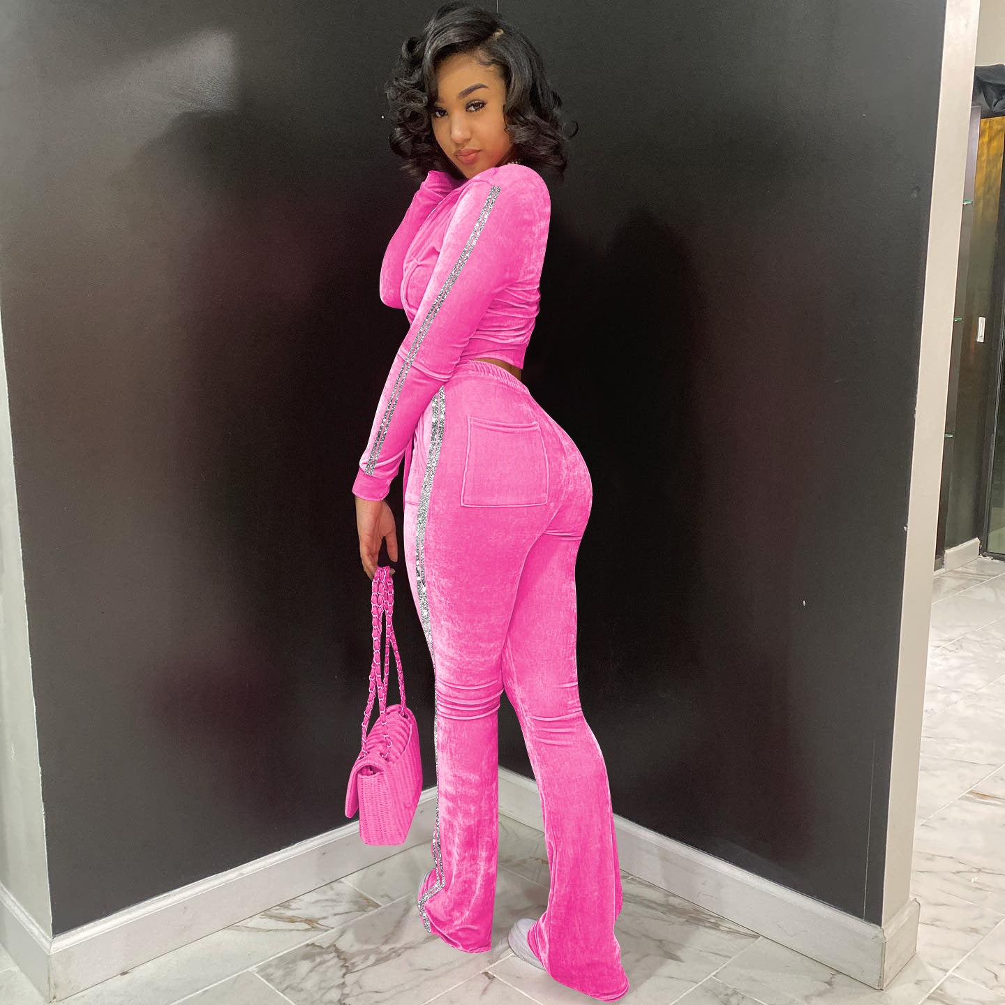 Women's Solid Velvet Casual Zip Top Wide Leg Pants Two Piece Tracksuit 10