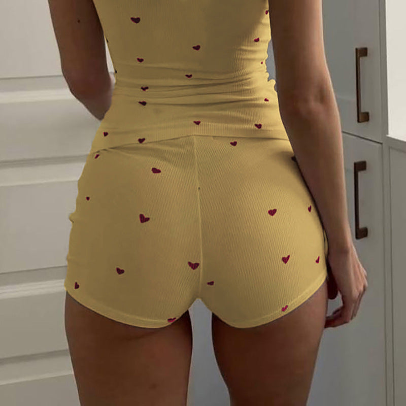 Women Summer Heart Print Vest Shorts Two Piece Set 5