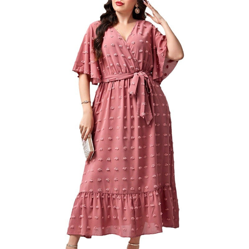 Plus Size Women V-Neck Lace-Up Short Sleeve Maxi Dress 6