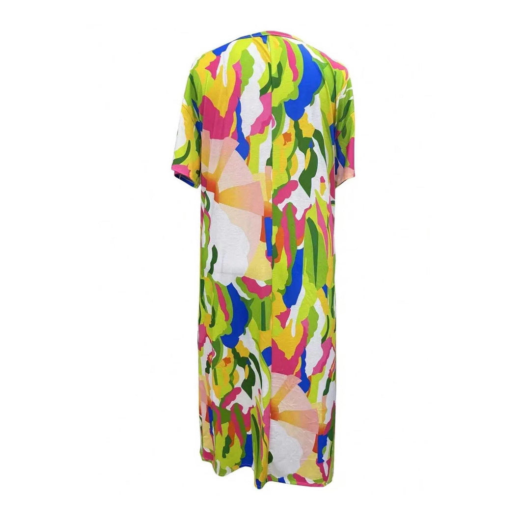 Multi-Color Printed V-Neck Loose Holidays Long Dress 4