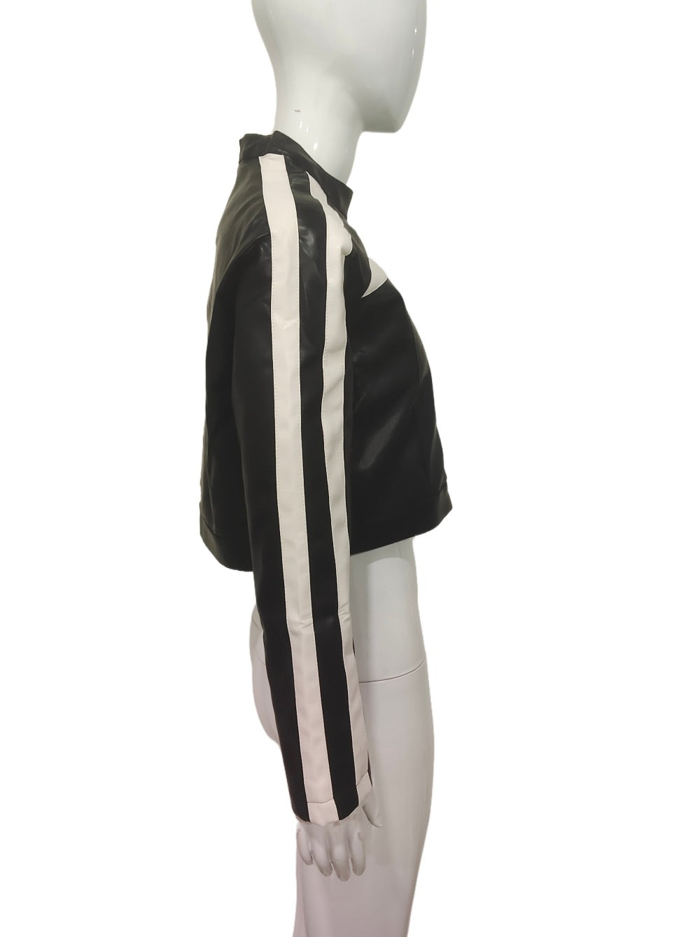 Autumn Women's Patchwork Color-Blocking Stripes PU Leather Jacket 11