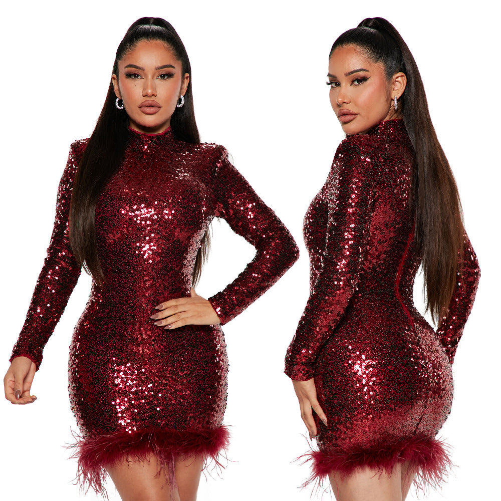 Fashion Bodycon Long Sleeve Round Neck Sequin Feather Party Dress 11