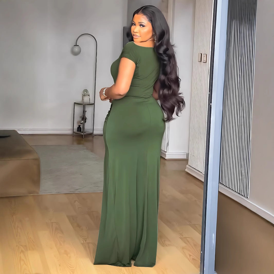 Women short sleeve pleated bodycon dress