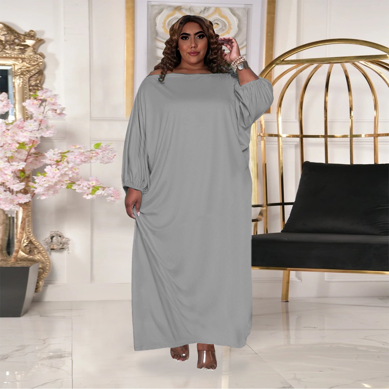 Plus Size Women Solid Off Shoulder Loose Dress 8