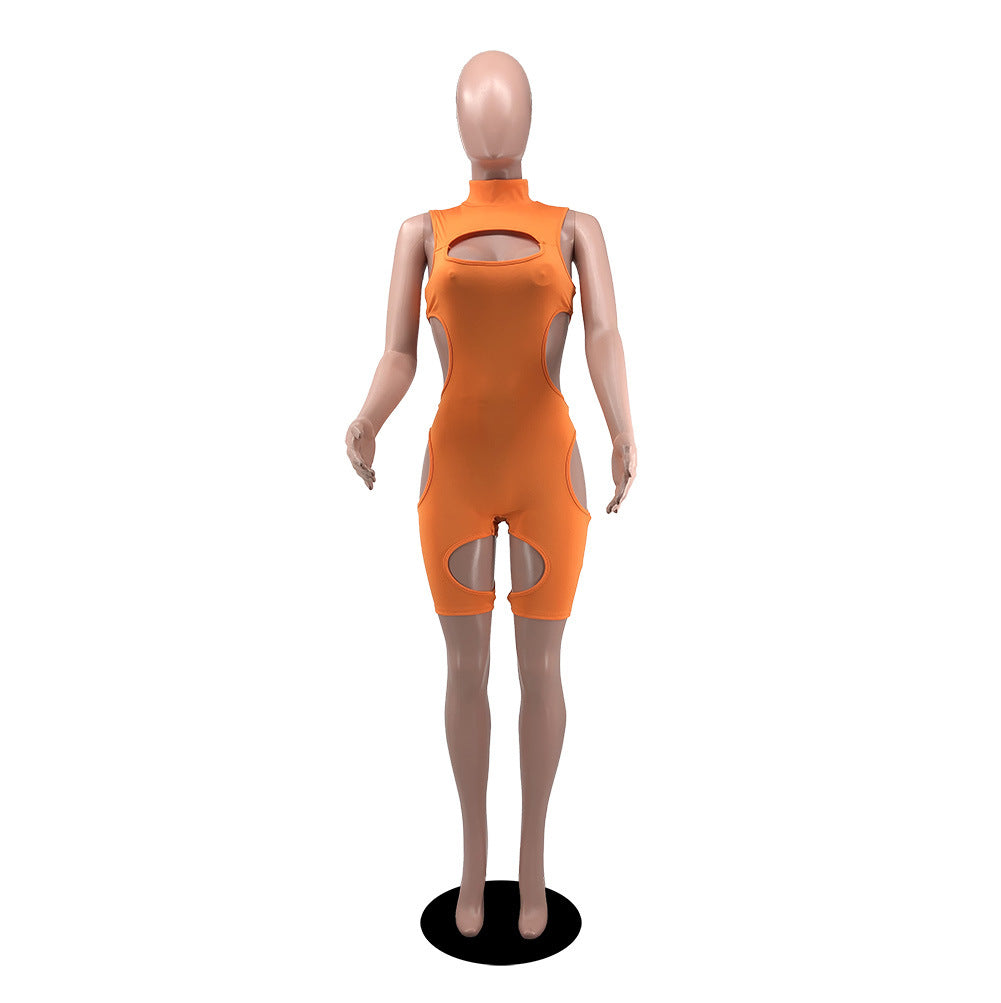 Women's Summer Solid Color Sexy Hollow Short-Sleeve Jumpsuit 15