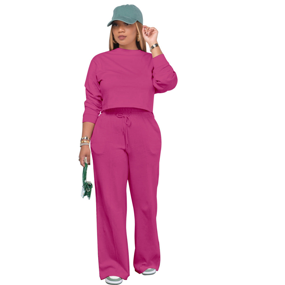 Solid Color Long Sleeve Pocket Straight Pants 2 Piece Set 14