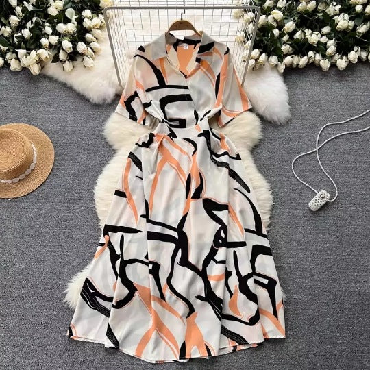 Chic Short-Sleeve Summer Holiday Slim Waist Print Dress 12